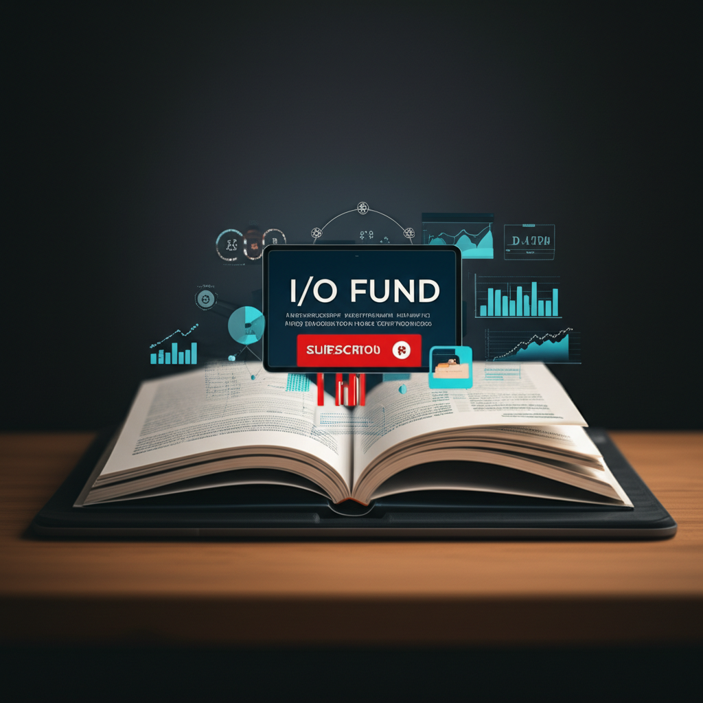 Digital tablet displaying I/O Fund dashboard with stock charts, data analytics, and subscription interface, symbolizing tech investment research