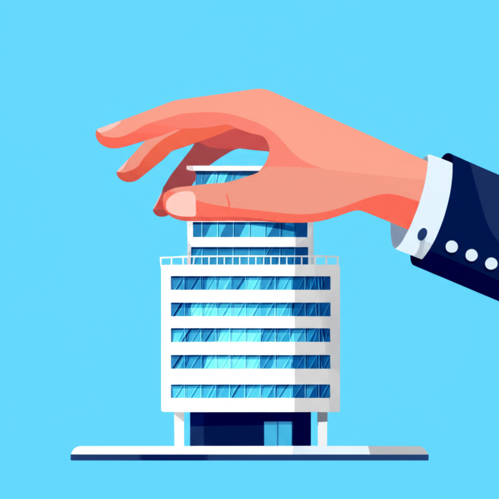 Illustration of a larger company's hand gently but firmly taking hold of a smaller company's building, showing integration and control, with a clear dominance theme, modern business illustration