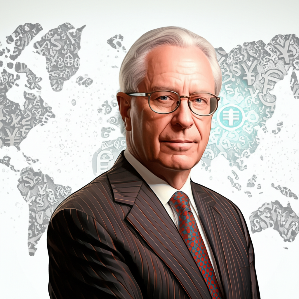 Steve Hanke standing confidently in front of a global map with currency symbols, symbolizing his worldwide economic influence and public interest in his financial success