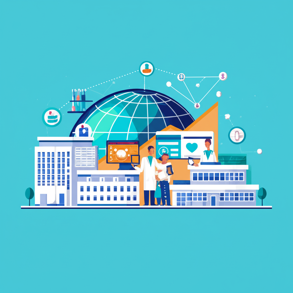 Illustration of a diverse healthcare landscape showing pharmaceutical labs, digital health solutions, and medical facilities under a stable global economy with aging populations benefiting from innovation