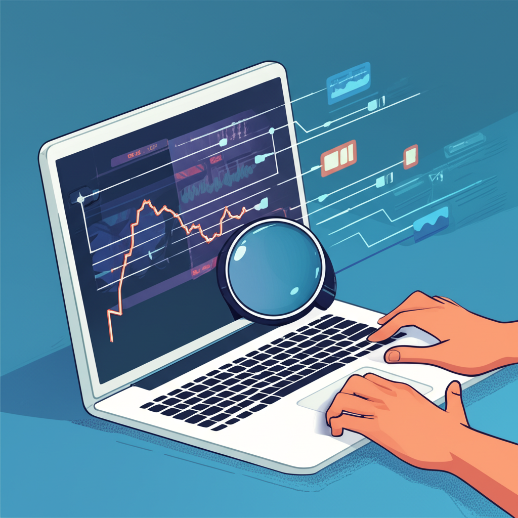 Person analyzing ARK Invest stock trades on a laptop, using a magnifying glass to examine data from financial platforms and official sources