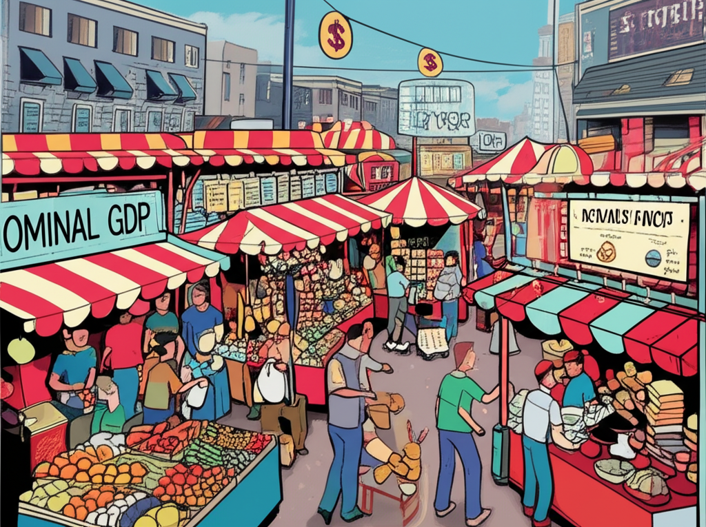 An illustration of a bustling global marketplace with various goods and services being traded, showing currency symbols (USD) and a large sign indicating 'Nominal GDP', emphasizing market value and international comparison.