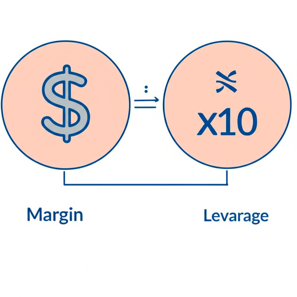 Visual comparison of margin and leverage, illustrating how a small deposit controls a larger financial instrument with amplified market exposure