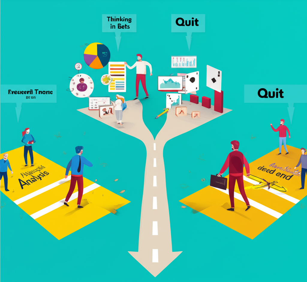 Illustration showing two paths: one for 'Thinking in Bets' with data analysis, and another for 'Quit' with strategic disengagement