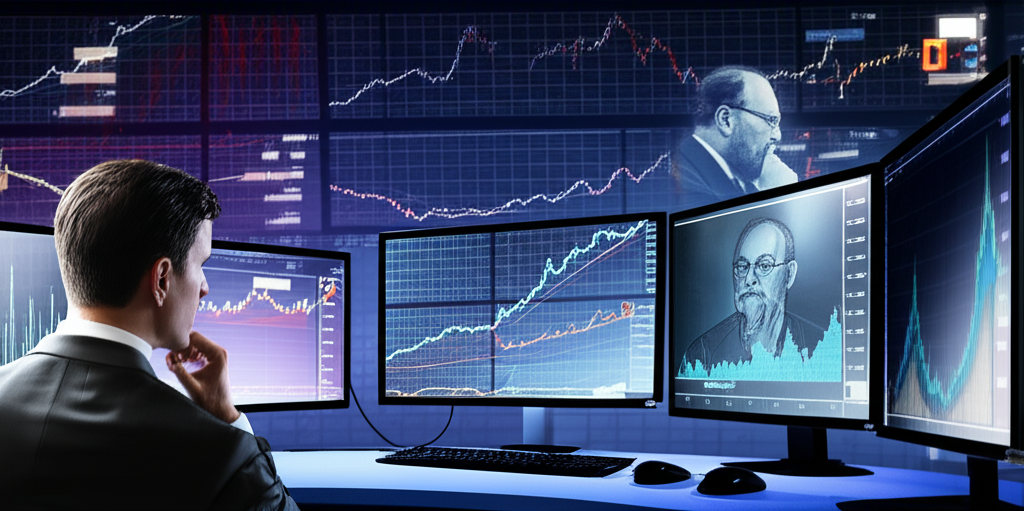 Market analyst studying stock charts with Charles Dow's image overlay, illustrating the foundation of Dow Theory in technical analysis