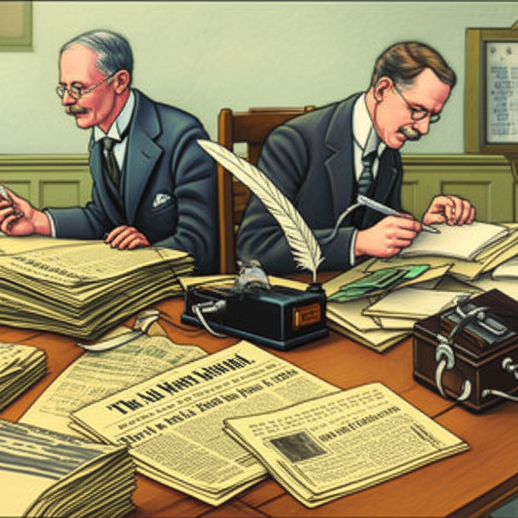 Charles Dow and William Peter Hamilton working at desks with vintage newspapers and a stock ticker, symbolizing the development of Dow Theory