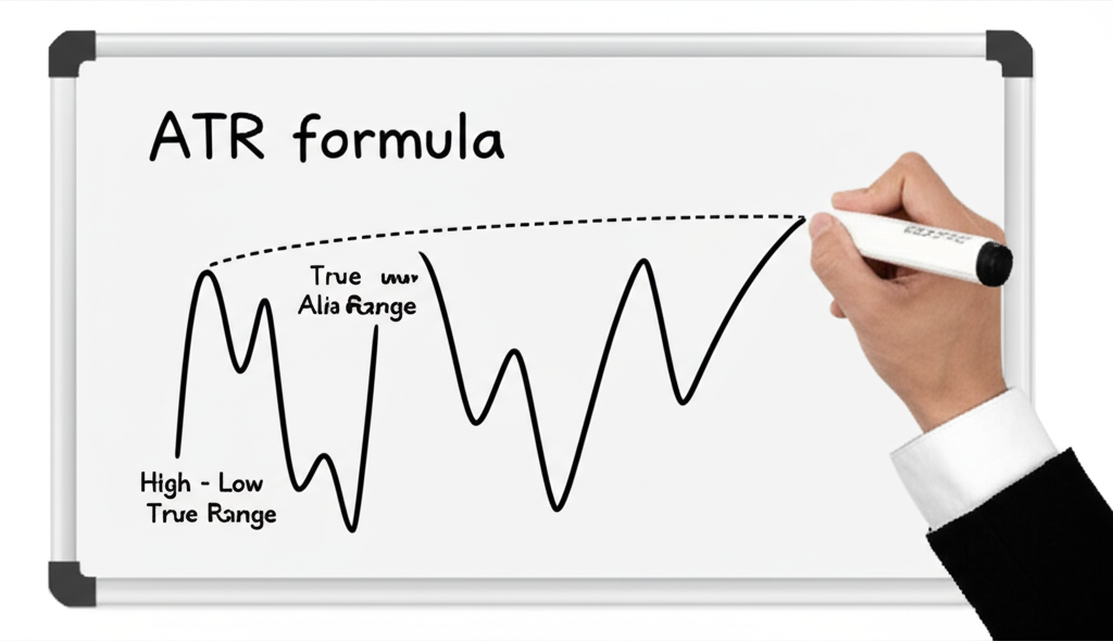 Illustration showing a whiteboard with the ATR formula, True Range calculations (High-Low, absolute values), and a hand drawing a smoothed moving average, representing the calculation process, clean style.