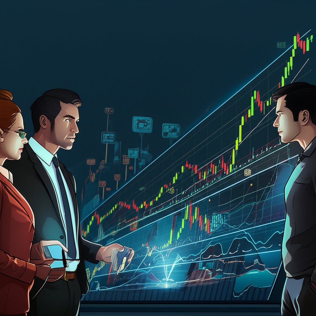 Diverse traders analyzing a dynamic chart with multiple indicators, representing widespread use across equities, crypto, and forex markets