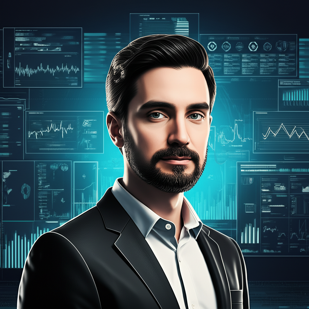 Illustration of Larry Cermak, a distinguished cryptocurrency expert, standing confidently amidst data charts and blockchain symbols, representing his role as VP of Research at The Block, providing incisive, data-driven analysis to the evolving crypto economy.