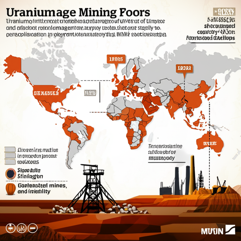 Illustration showing deep supply deficits in uranium mining, with depleted mines and a global map indicating geopolitical disruptions. Style: infographic illustration.