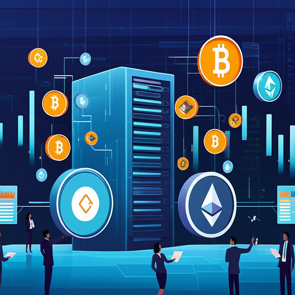 Illustration of a large, secure digital exchange platform with crypto symbols flowing, representing Coinbase as a pivotal player in the global crypto ecosystem. Investors and analysts observe financial charts.