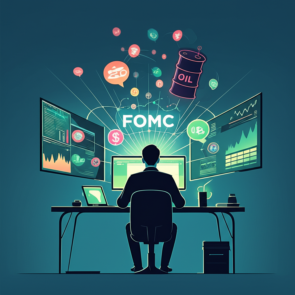 Illustration of a trader at a desk surrounded by financial market symbols influenced by the FOMC, symbolizing global market dynamics and trading opportunities