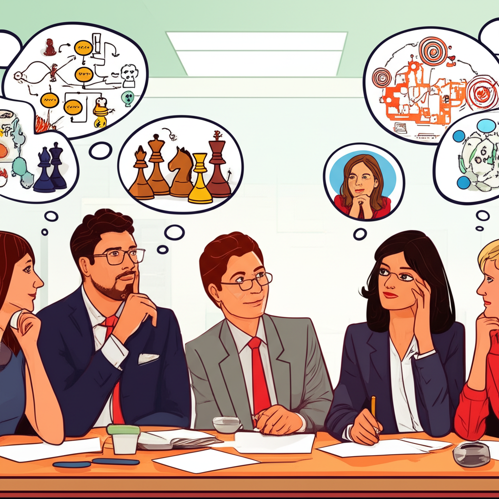 Professionals in a conference room engaged with a speaker, visualizing strategic thinking and decision-making improvement