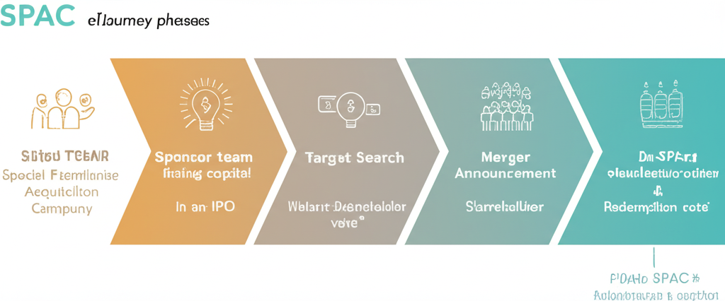 Illustration depicting the distinct phases of a SPAC's journey: from sponsor team raising capital in an IPO, to target search, merger announcement, shareholder vote with redemption option, and finally the de-SPAC and public listing