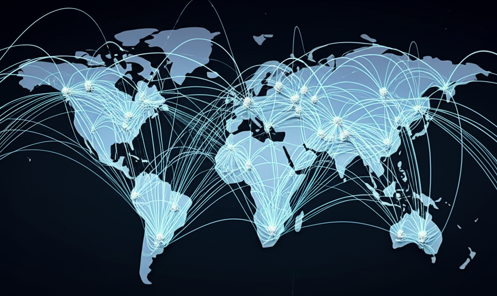 Illustration of a global network of interconnected broker-dealers, digitally communicating and trading financial securities, emphasizing the decentralized nature of Over-the-Counter markets, without a central exchange building