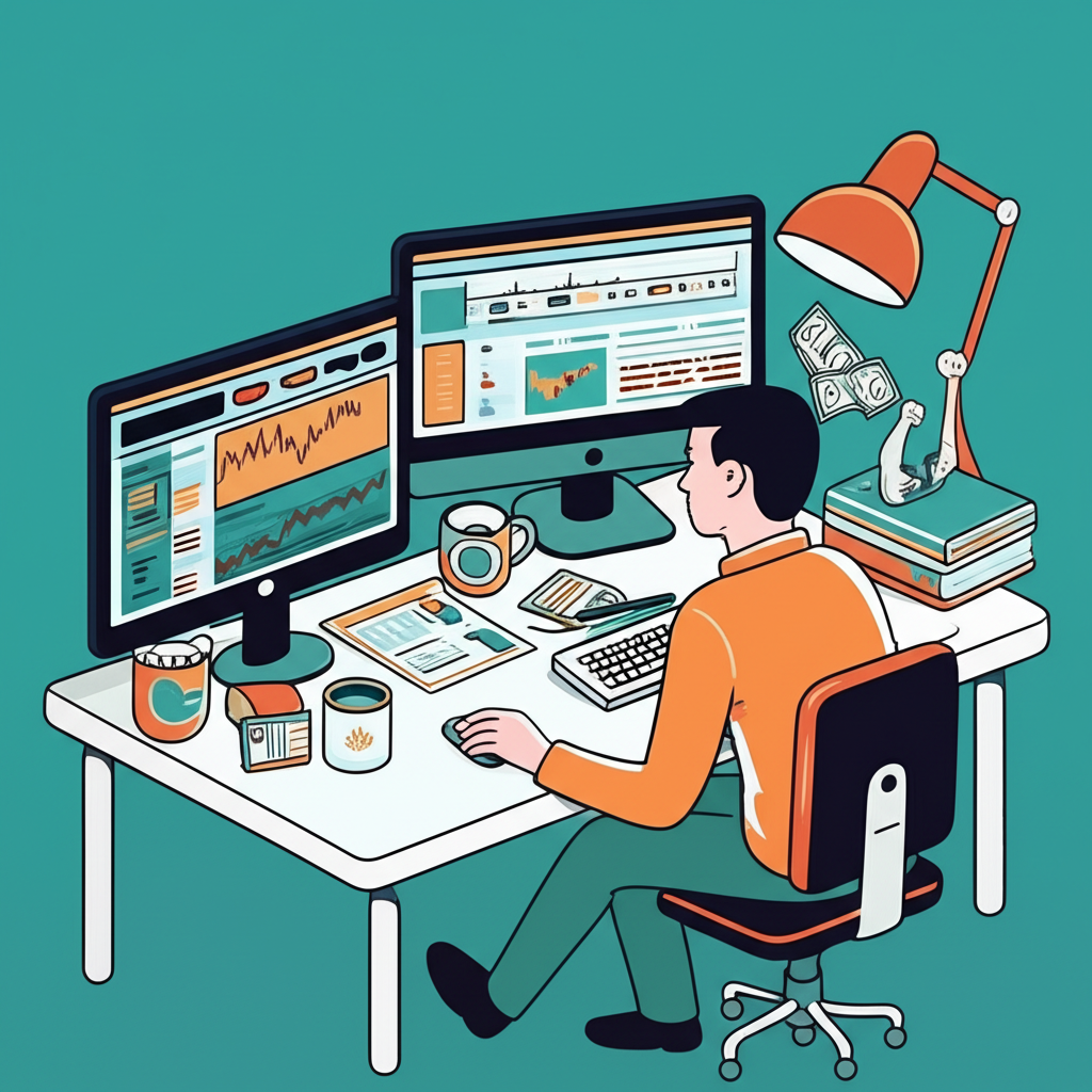 Illustrated US expat trading forex from Thailand