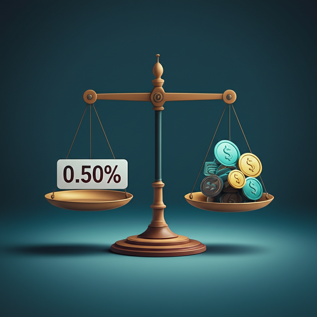 Illustration depicting a small percentage sign (0.50%) alongside a balance scale, representing the NERD ETF's expense ratio and its consideration within thematic funds