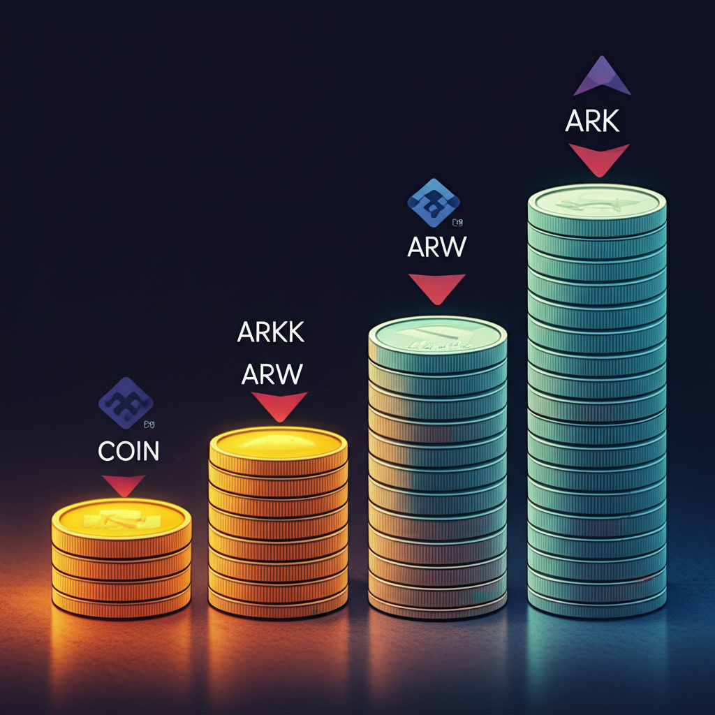Illustration of Coinbase's IPO moment with a digital representation of ARK Invest funds (ARKK, ARKW) rapidly accumulating COIN shares, symbolizing a strong initial belief in its role as a regulated gateway to the crypto economy, bright and optimistic.