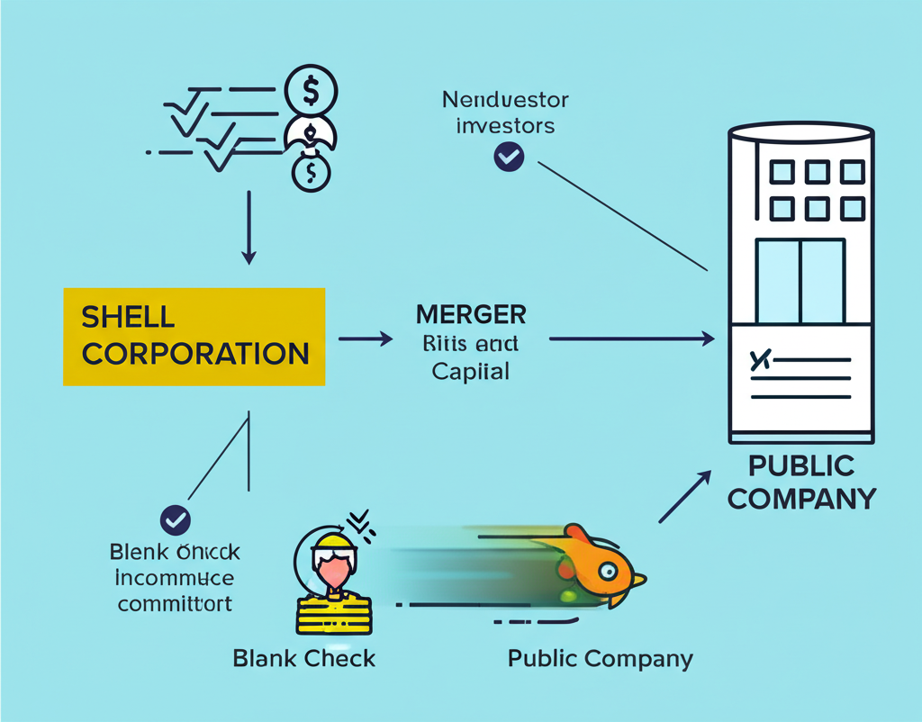 Illustration of a shell corporation transforming into a public company through a merger, with 'blank check' investors committing capital and a private company gaining quick access to public markets, symbolizing speed and flexibility