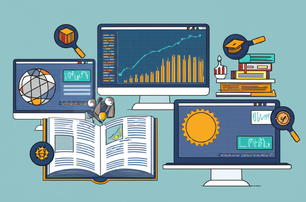 Digital learning platform with forex charts, educational icons, and trading resources for beginners