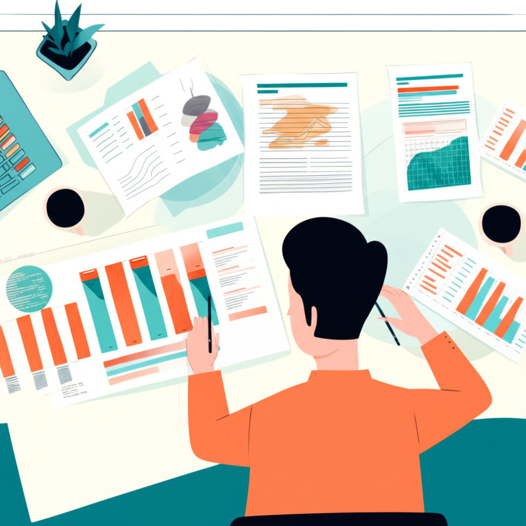 Illustration of a patient, focused individual sitting at a desk, calmly analyzing charts and financial reports, surrounded by diversified assets like mutual funds and ETFs, embodying a moderate risk investor.
