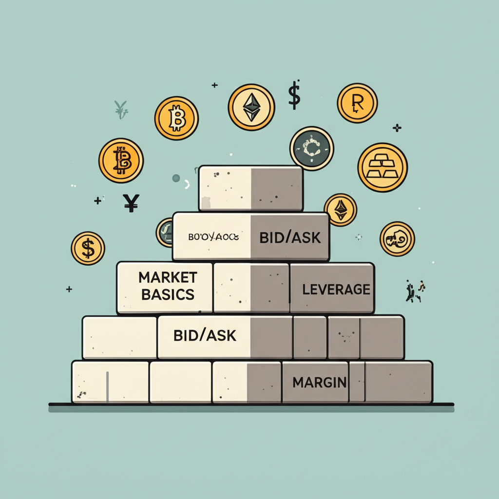 An illustration showing the foundation of trading built with blocks labeled market basics, bid ask, leverage, and margin, surrounded by icons of stocks, forex, crypto, and commodities