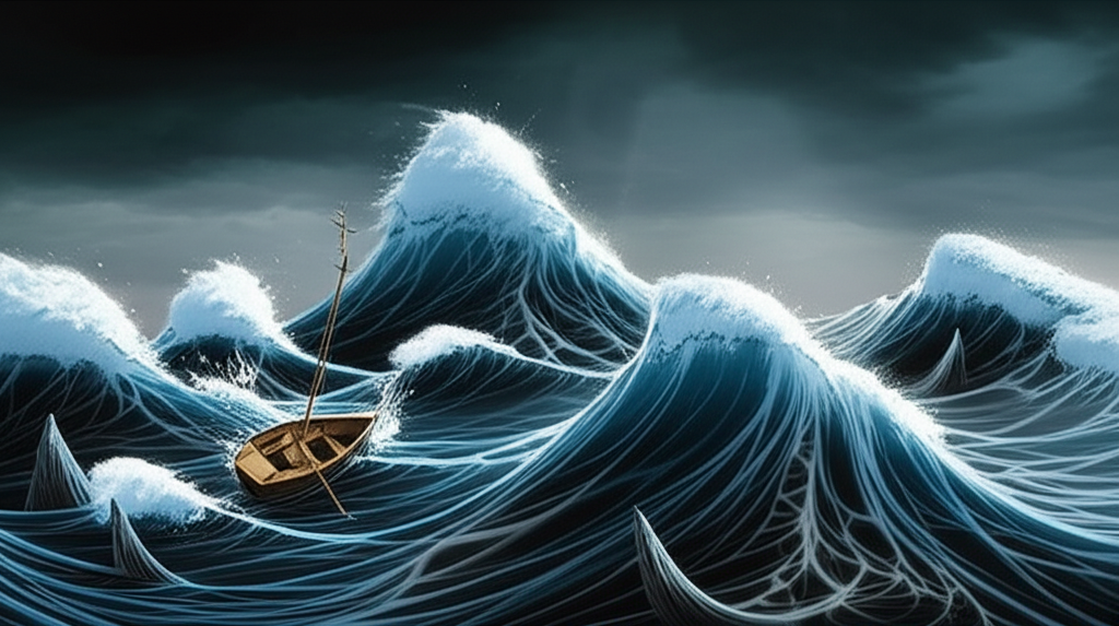 Illustration of a small boat in a stormy sea, symbolising the dangers of trading UK penny stocks