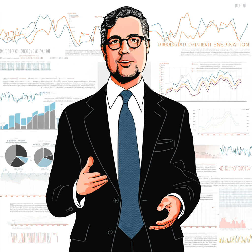 David Rosenberg presenting macroeconomic analysis surrounded by financial data in a modern illustration