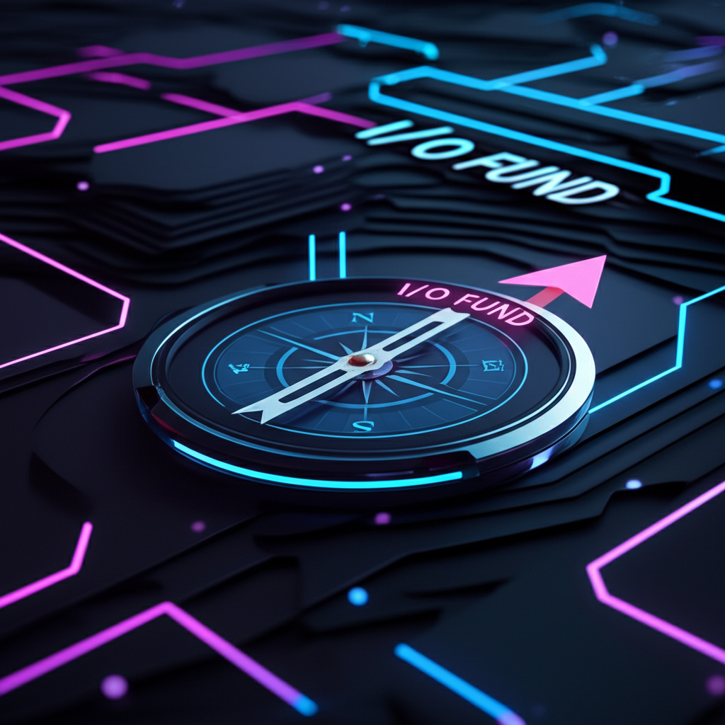 Futuristic tech landscape with glowing pathways and a compass labeled I/O Fund guiding investors through a dynamic digital environment