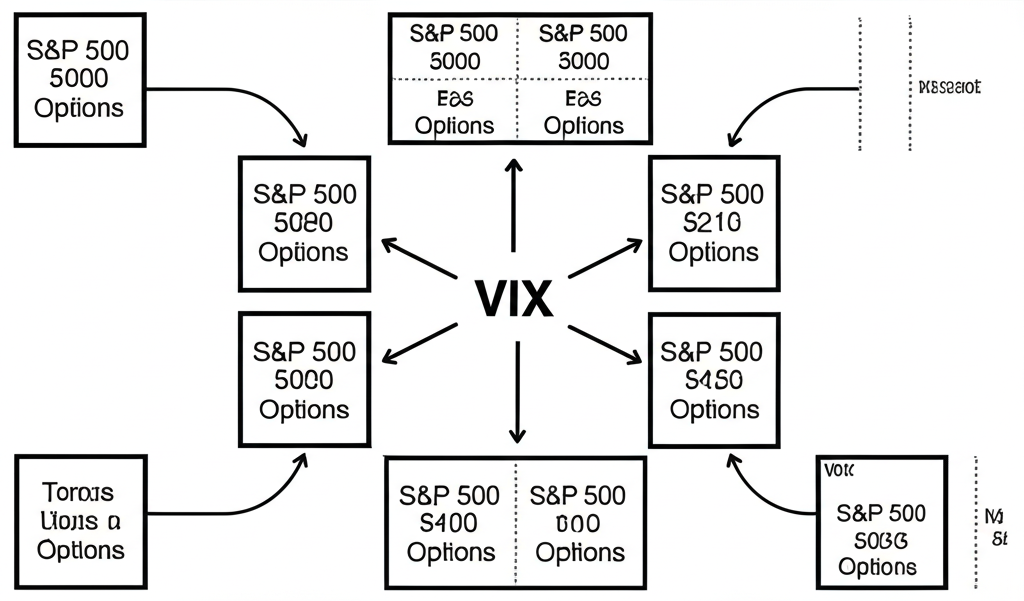Illustration of S&P 500 options flowing into a central VIX symbol, highlighting a model-free calculation methodology