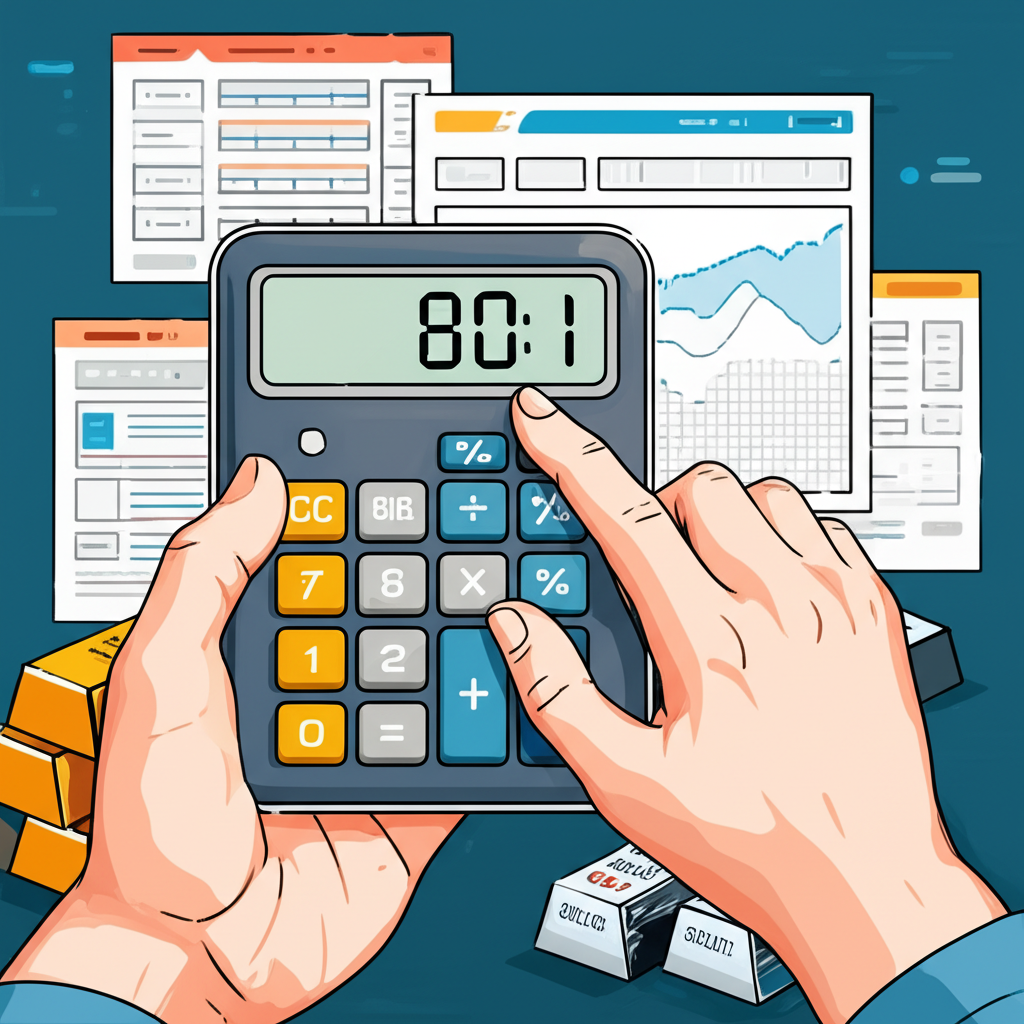 Digital calculator showing a gold to silver ratio of 80:1 with gold and silver bars, hands entering data, and historical graphs in the interface