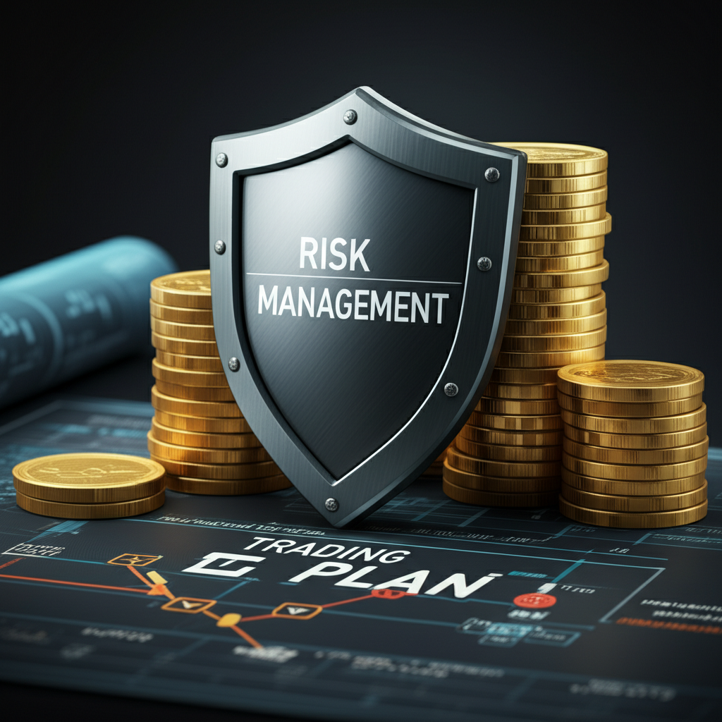 A shield labeled risk management protecting a stack of coins, with a trading plan blueprint showing entry and exit points, symbolizing strategic protection in trading
