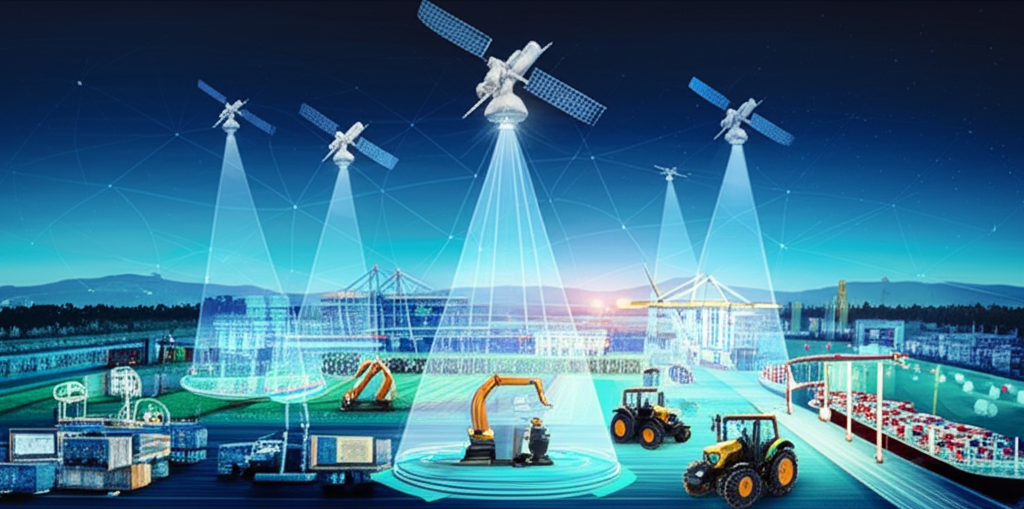 Illustration of LEO satellites providing connectivity to automated factories, remote farms, and logistics networks to support industrial IoT and business diversification