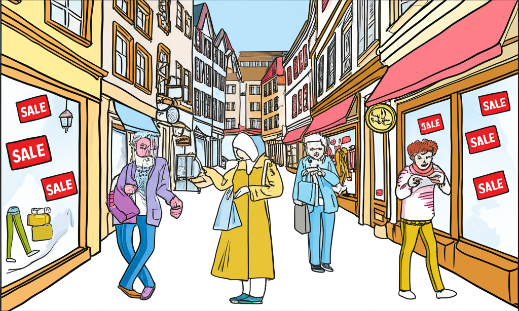 European street scene with empty shops, 'Sale' signs, and worried consumers checking their wallets