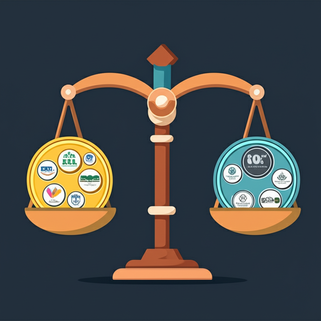 Illustration depicting a scale or balance, with different company logos (representing underlying assets) on each side, showing how their movements and varying weights (e.g., market cap) influence the overall index value. Style: digital illustration.
