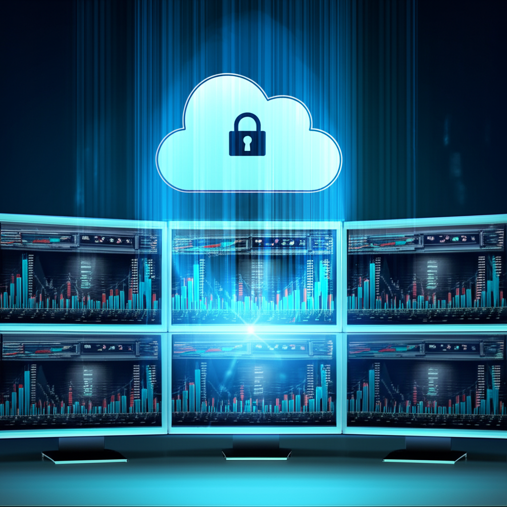 Digital forex charts, secure cloud access, illustration