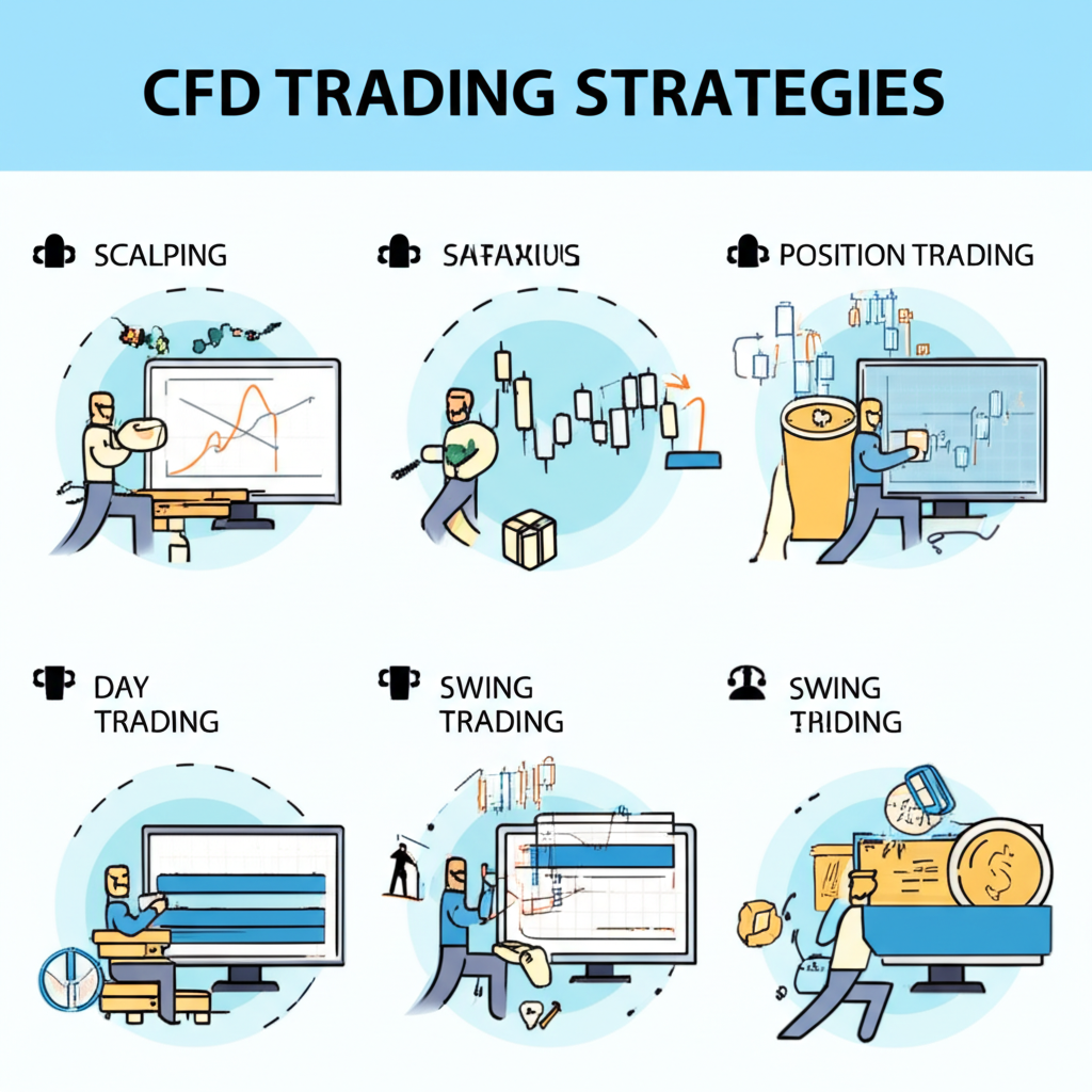 Visual breakdown of CFD trading strategies: scalping, day trading, swing trading, and position trading with timeframes