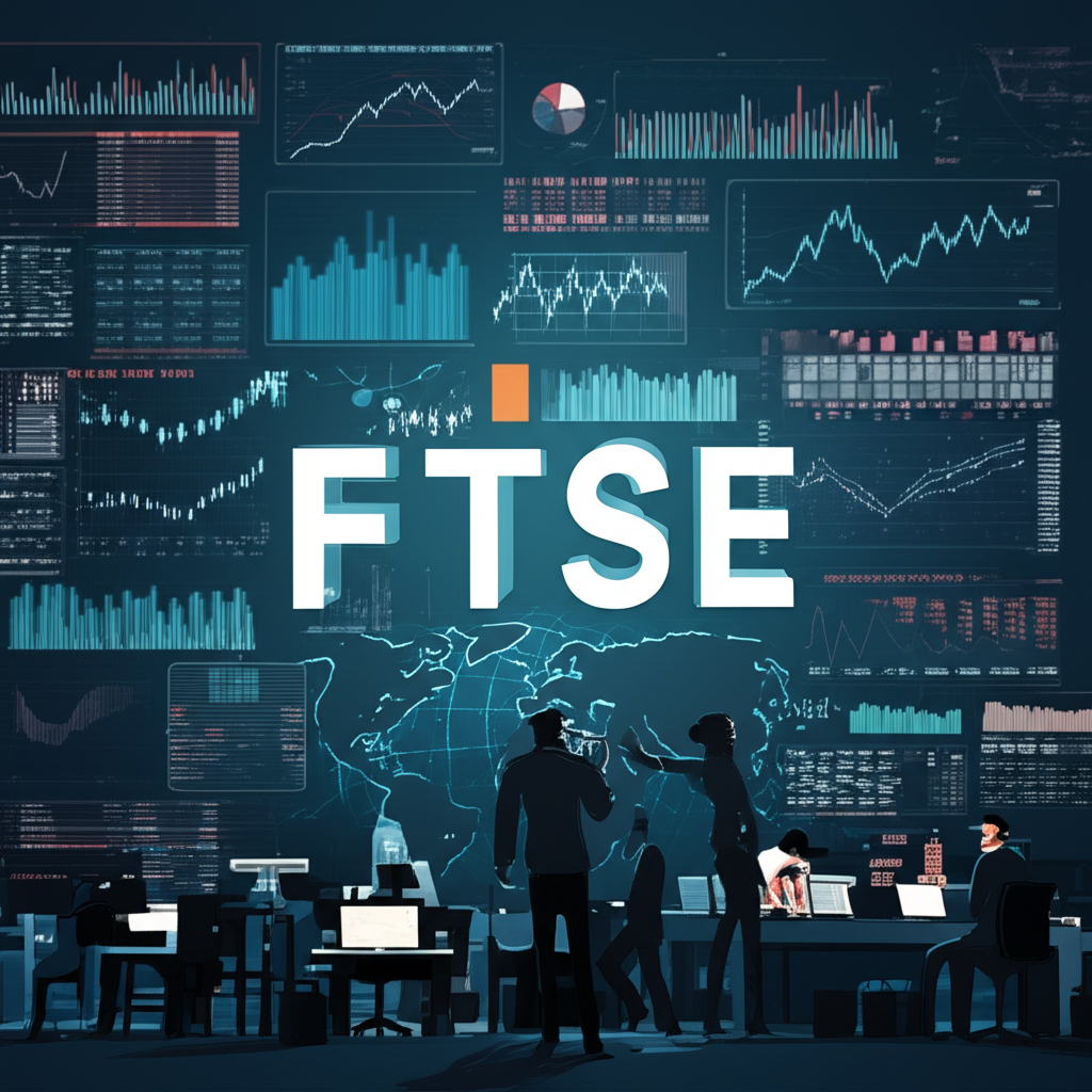 Illustration of a global financial landscape with various market indicators and acronyms, featuring a prominent 'FTSE' as a key benchmark for the UK economy, with investors and economists observing charts and data