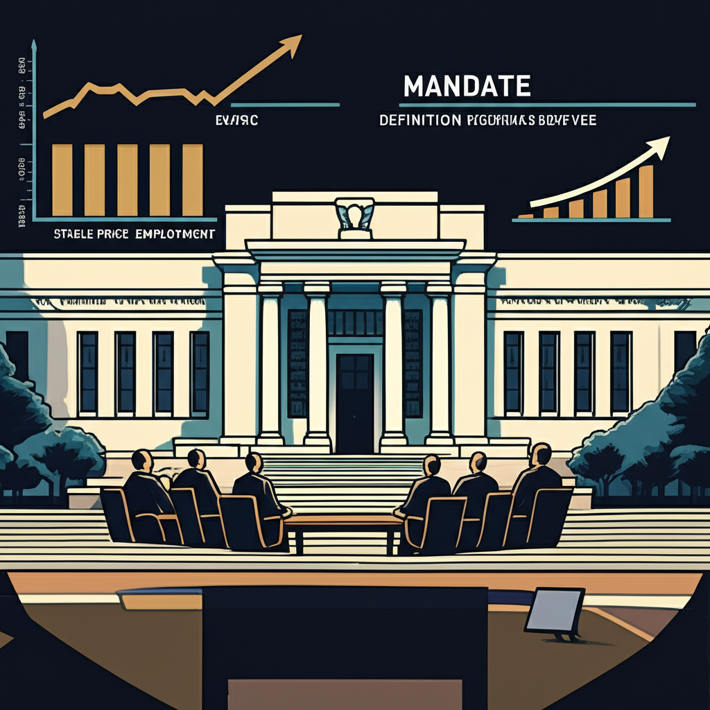 Illustration of the Federal Reserve building with a stylized FOMC meeting inside, highlighting its dual mandate of price stability and maximum employment