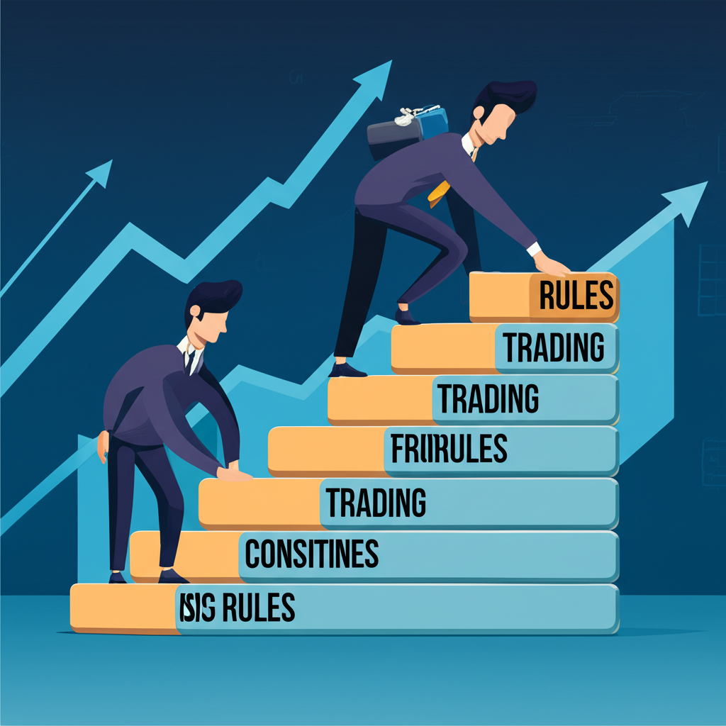 Illustration of a trader building a foundation with blocks labeled 'trading rules' amidst market charts and risk management symbols