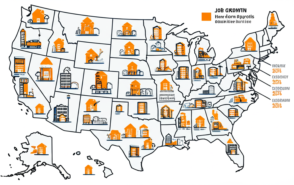 Illustration of U.S. map with job growth icons, highlighting non-farm payrolls and economic measurement