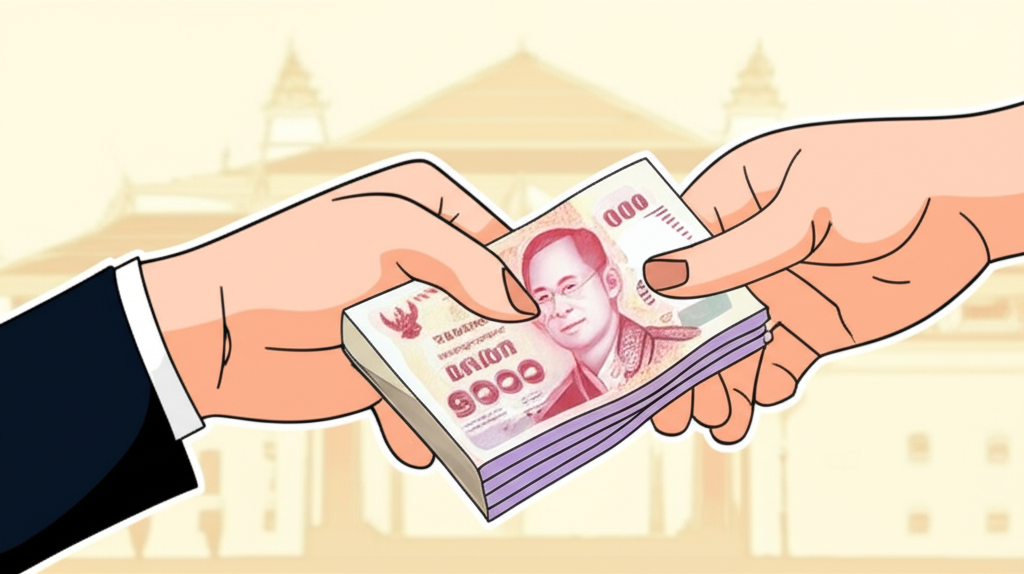 Illustration of a hand receiving money from a secure, reputable broker, with a Thai background.
