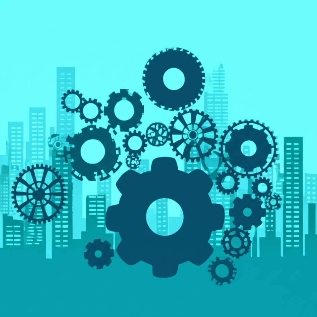 Illustration of various business entities merging, acquiring, and taking over each other, depicting a dynamic corporate landscape with interlocking gears and growing structures, professional, clean style