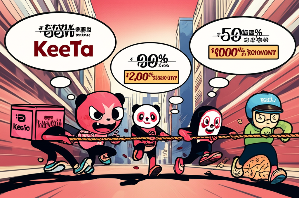 Illustration of three distinct food delivery platforms (KeeTa, Foodpanda, Deliveroo) as characters engaged in a friendly but intense race or tug-of-war, with thought bubbles showing discounts and rider incentives, against a backdrop of Hong Kong streets. Energetic, competitive style.
