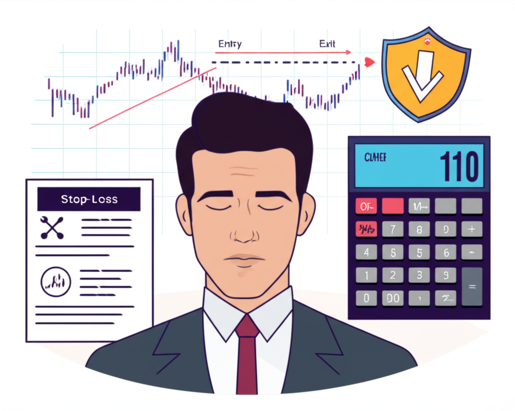 A focused trader using a systematic plan with charts, position sizing calculator, and stop-loss protection