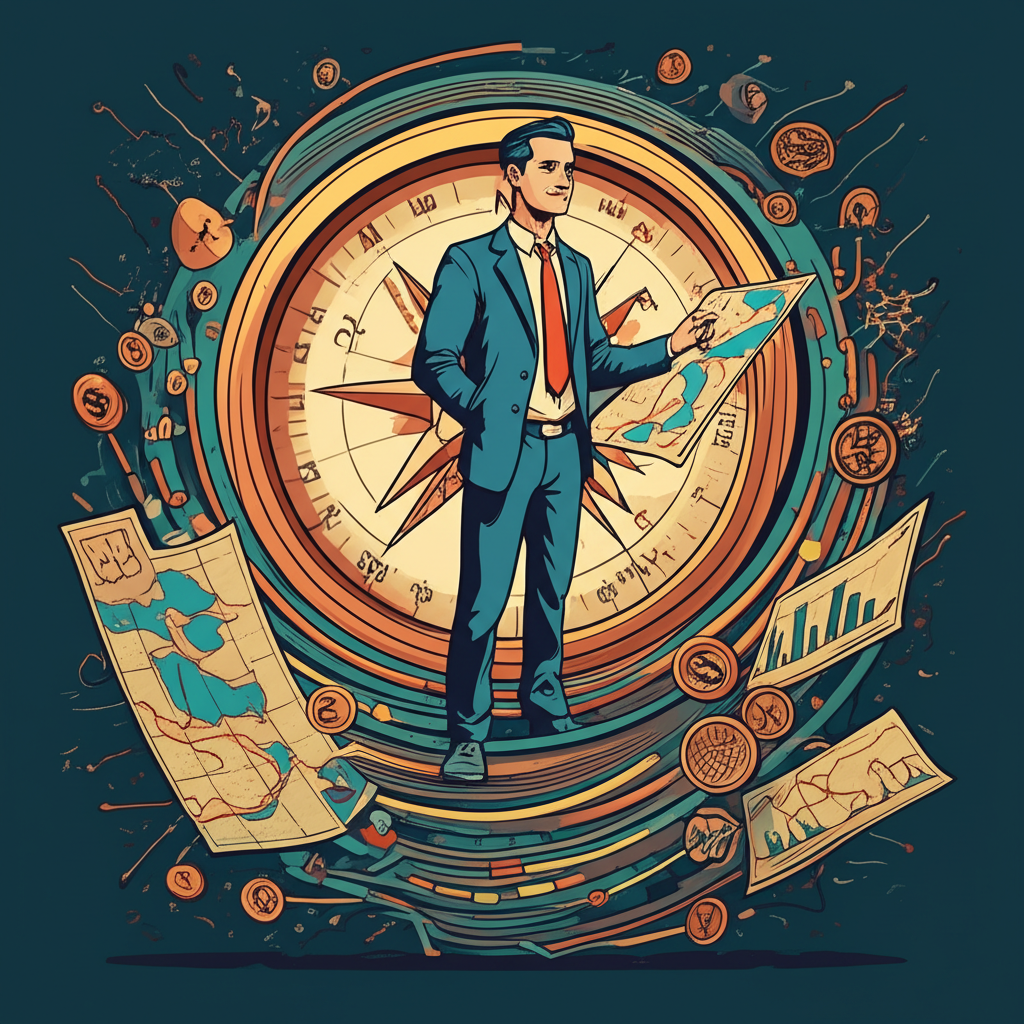 An illustration of a trader confidently navigating a complex financial market with a compass and map, symbolizing an MT4 spread betting roadmap for global markets, illustration style