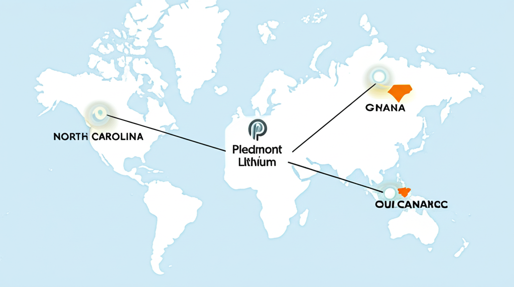 World map highlighting Piedmont Lithium projects in North Carolina, Ghana, and Quebec