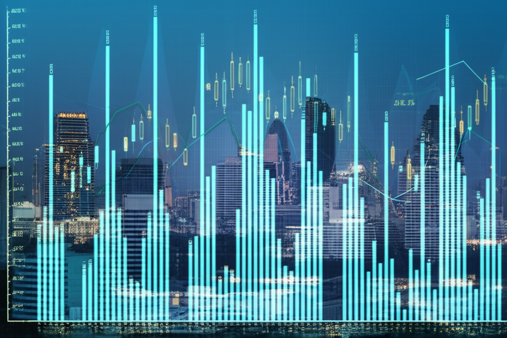 Digital forex charts over Bangkok skyline