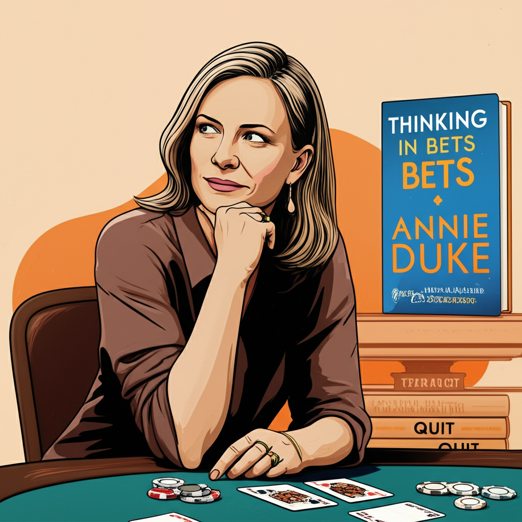 Illustration of Annie Duke with her books 'Thinking in Bets' and 'Quit' alongside a poker table, symbolizing her unique background