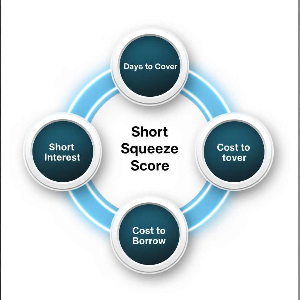 Illustration of a central 'Short Squeeze Score' dial connected to smaller dials labeled 'Short Interest,' 'Days to Cover,' and 'Cost to Borrow' with glowing lines